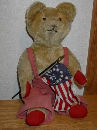 Adorable Antique Gold Mohair Teddy Bear 16 1/2 " Tall Jointed With Old 76 Flag