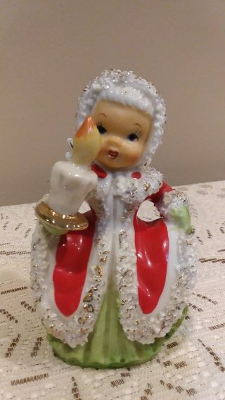 Vintage Porcelain Lefton Little Girl Angel Christmas Bell Holding A Candle.
