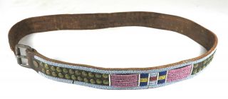 Great Antique Native American Crow Indian Beaded & Brass Tacks Hide Belt