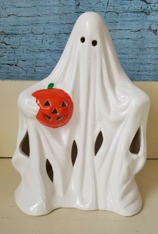 Vintage Light Up Ghost With Pumpkin Ceramic Halloween Decoration