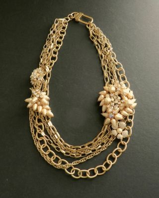 Vintage St John Gold Tone Five Chain Necklace W/ Crystal And Faux Pearl Flowers