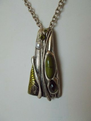 Funky Vintage Boho Pendant Necklace,  Silver Tone,  Green Stones,  Glass,  Enamel
