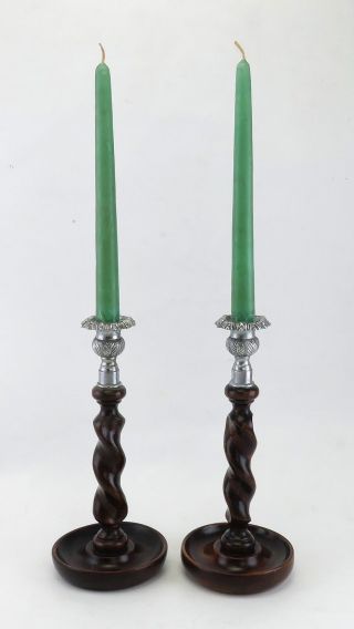 Pair Antique late 1800 ' s English Barley Twist Oak Wood Candlesticks 2