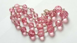 Czech Vintage Art Deco Pink Faceted Glass Bead Necklace Rolled Gold Wire