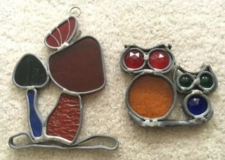 Vintage Stained Glass Window Art Sun Catcher Owl And Mushroom Forest Set Of 2