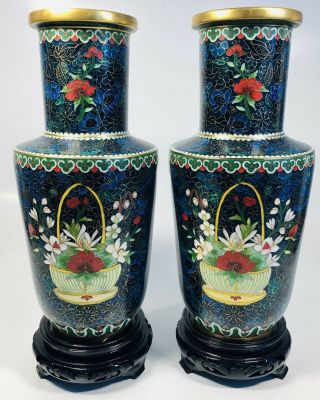 Antique 1920s Chinese Cloisonne Enamel Flower Basket On Bronze Vases Pair 10.  25 "