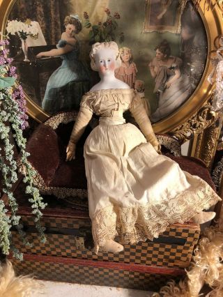 Gorgeous Antique German Fancy Hair Parian Doll.  Leather Hands