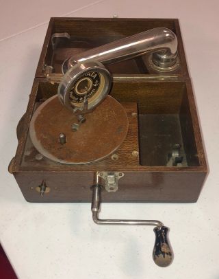 Antique Mechanical Mini Phonograph Swiss Made Wood Box Collectors Estate