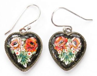Vintage Italian Micro Mosaic Pair Earrings Flowers Italy Micromosaic Jewelry Old