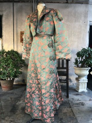 Antique Green & Orange Silk Cheongsam Qipao Dress Whirling Log Brocade Vintage