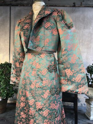 Antique Green & Orange Silk Cheongsam Qipao Dress Whirling Log Brocade Vintage 2
