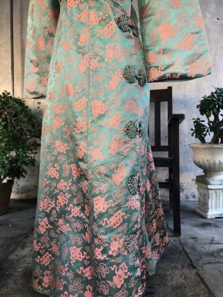 Antique Green & Orange Silk Cheongsam Qipao Dress Whirling Log Brocade Vintage 3