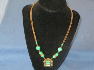 Vintage Gold - Tone Metal Green Glass 1930s Art Deco Necklace