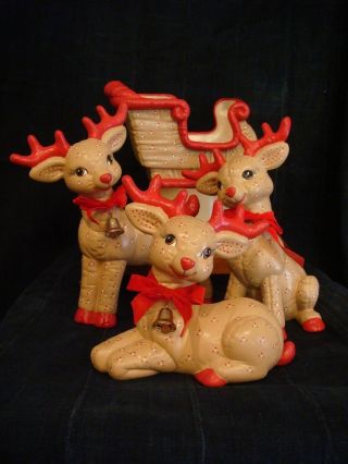 Vintage Ceramic Reindeer And Sleigh - Set Of Four - Hand Painted