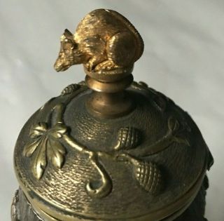 FINE ANTIQUE CA.  1880 FRENCH BRONZE ACORN INKWELL W GILT MOUSE FINIAL,  BEETLES 2