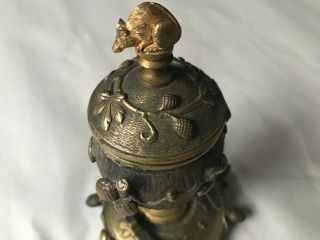 FINE ANTIQUE CA.  1880 FRENCH BRONZE ACORN INKWELL W GILT MOUSE FINIAL,  BEETLES 3