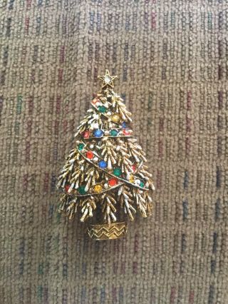 Vintage Signed Art Eautiful Christmas Tree Brooch Pin Rhinestones
