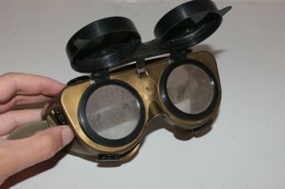 Vintage Steampunk Gold Brown Welder Goggles Green Lenses Welding