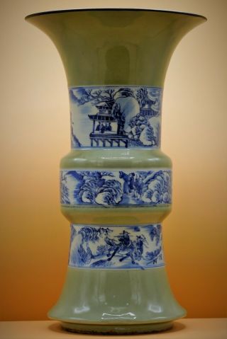Rare Antique Chinese Longquan Gu Vase,  Celadon 龍泉青瓷 Blue White Porcelain Unusual
