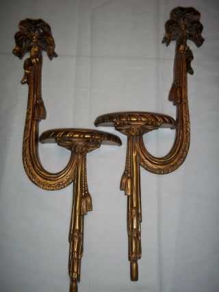Vintage Pair Wooden Gold Swaggard Ribbon Tassels Wall Sconce 23 - 1/2 " Shelves