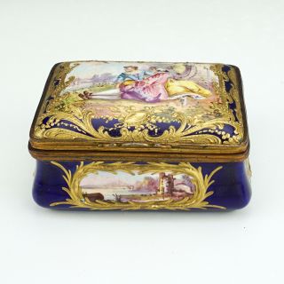 Antique Sevres Porcelain - Hand Painted Courting Couple - Cobalt Blue & Gilt Box