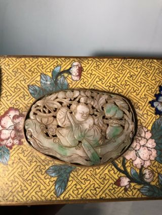 Antique Chinese Cloisonné Box With Carved Jade