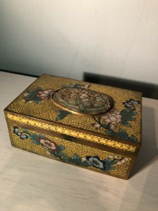 Antique Chinese Cloisonné Box With Carved Jade 2