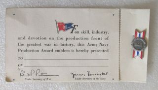Vintage Army Navy " E " Production Award Pin On Presentation Card - War Work Wwii