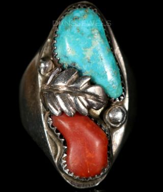 Big Traditional Vintage Navajo Turquoise & Red Coral Sterling Silver Ring Sz 10