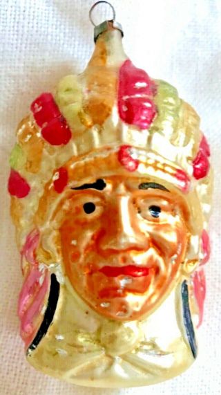 Antique Vtg Indian Chief Full Headdress German Glass Figural Christmas Ornament