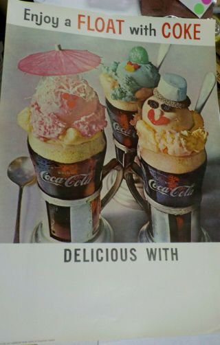 Vintage Coke Litho Poster " Enjoy A Float With Coke " / 20 " Tall X 14 " Wide