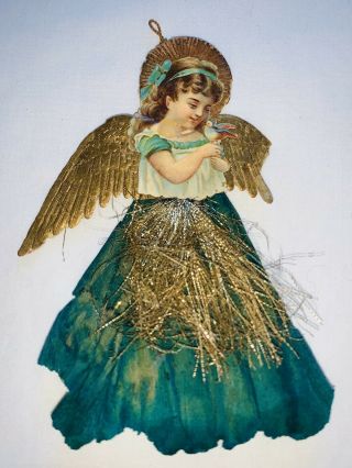 Antique German Dresden Angel Scrap Die Cut Christmas Ornament Crinkle Wire Crepe