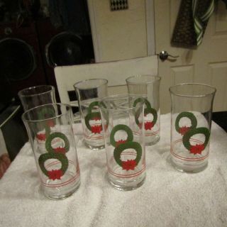 Vintage Libbey Christmas Drink Glasses Tumblers Holly Poinsettia Wreath Set 6