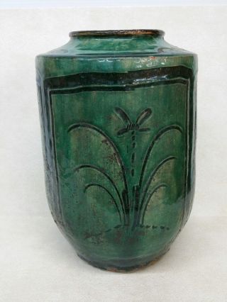 Antique Chinese Green and Black Glazed Ceramic Vase 11 3/4 3