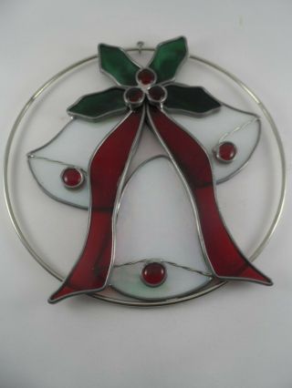 Vintage Stained Glass Christmas Holly Bells Suncatcher Window Ornament