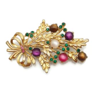 Vintage Gold Tone Thermoset And Green & Pink Rhinestone Fashion Brooch Pin
