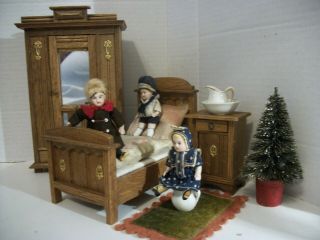 Antique German Bisque 3 Dollhouse Dolls W/ Antique German Wood Bedroom Set