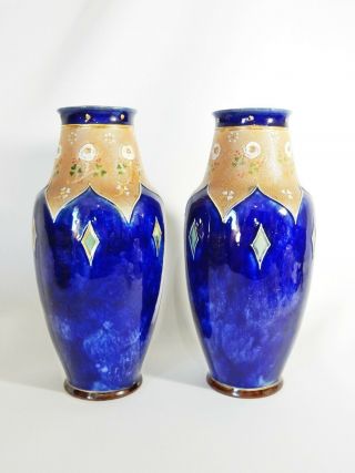 Pair Antique Art Nouveau Royal Doulton Tall Stoneware Vases Minnie Webb Blue Pot