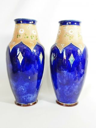 Pair Antique Art Nouveau Royal Doulton Tall Stoneware Vases Minnie Webb Blue Pot 2