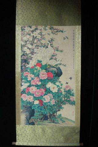 Very Large Chinese Old Hand Painting Peacoks And Flowers Marks