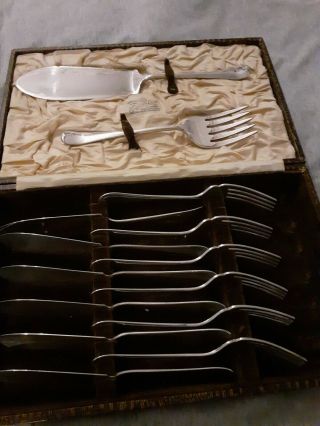 Vintage Set Of 6 Fish Knives & 6 Forks & Serving Fork And Knife