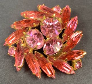 Vintage Brooch Pin Small Gold Tone Pink Navette Crystal Rhinestones