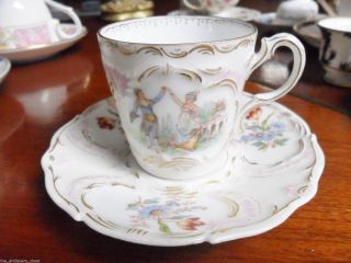 French Antique Coffee Cup And Saucer Molded,  Hand Painted Courting Couple[ 91]