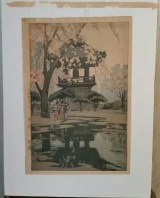 1930s Hiroshi Yoshida Japanese Woodblock Print In A Temple Yard