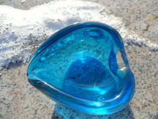 Mid Century Art Glass Form Stretch Blue Small Leaf Dish Vintage Hand Blown