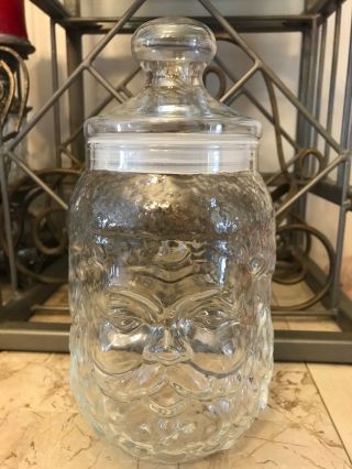 Santa Claus Face Vintage Clear Glass Candy Or Cookie Jar