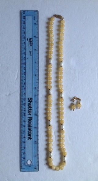 Vintage Yellow Beaded Necklace & Earring Set,  Gold & Pearls,  24 " Long