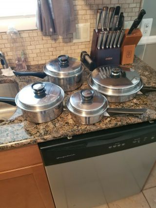 Vintage Amway Queen 18/8 Stainless Steel Multi - Ply 8 Piece Pots & Pan Set W/lids