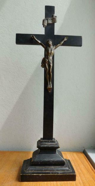 Antique Bronze Crucifix On Wooden Cross 1900s