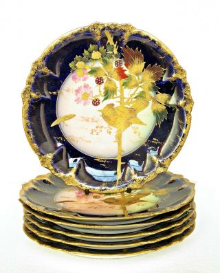 Set Of Six Antique Gda Limoges Porcelain Plates,  Cobalt & Raised Gilt,  Birds